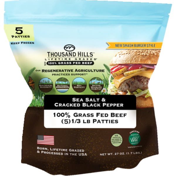 Thousand Hills Lifetime Grazed Sea Salt & Cracked Black Pepper 100% Grass Fed Beef Patties 5 Pack