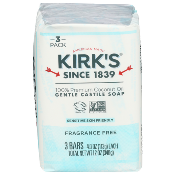 Kirk's Fragrance Free 100% Premium Coconut Oil Castile Soap 3 Pack